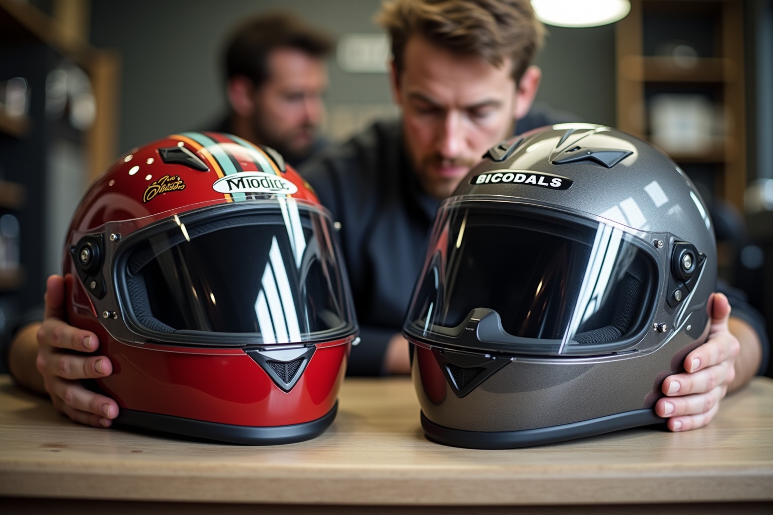 Deux casques de course colorés, l'un rouge et l'autre gris, posés sur une surface en bois.