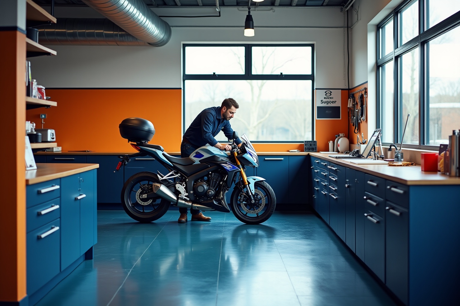 Homme réparant une moto sportive dans un atelier moderne.