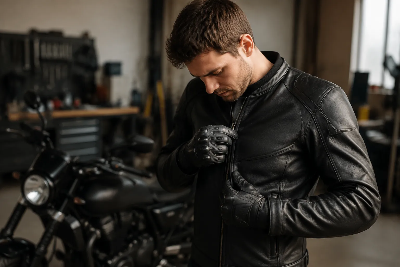 Homme en veste de cuir noire, debout près d'une moto.