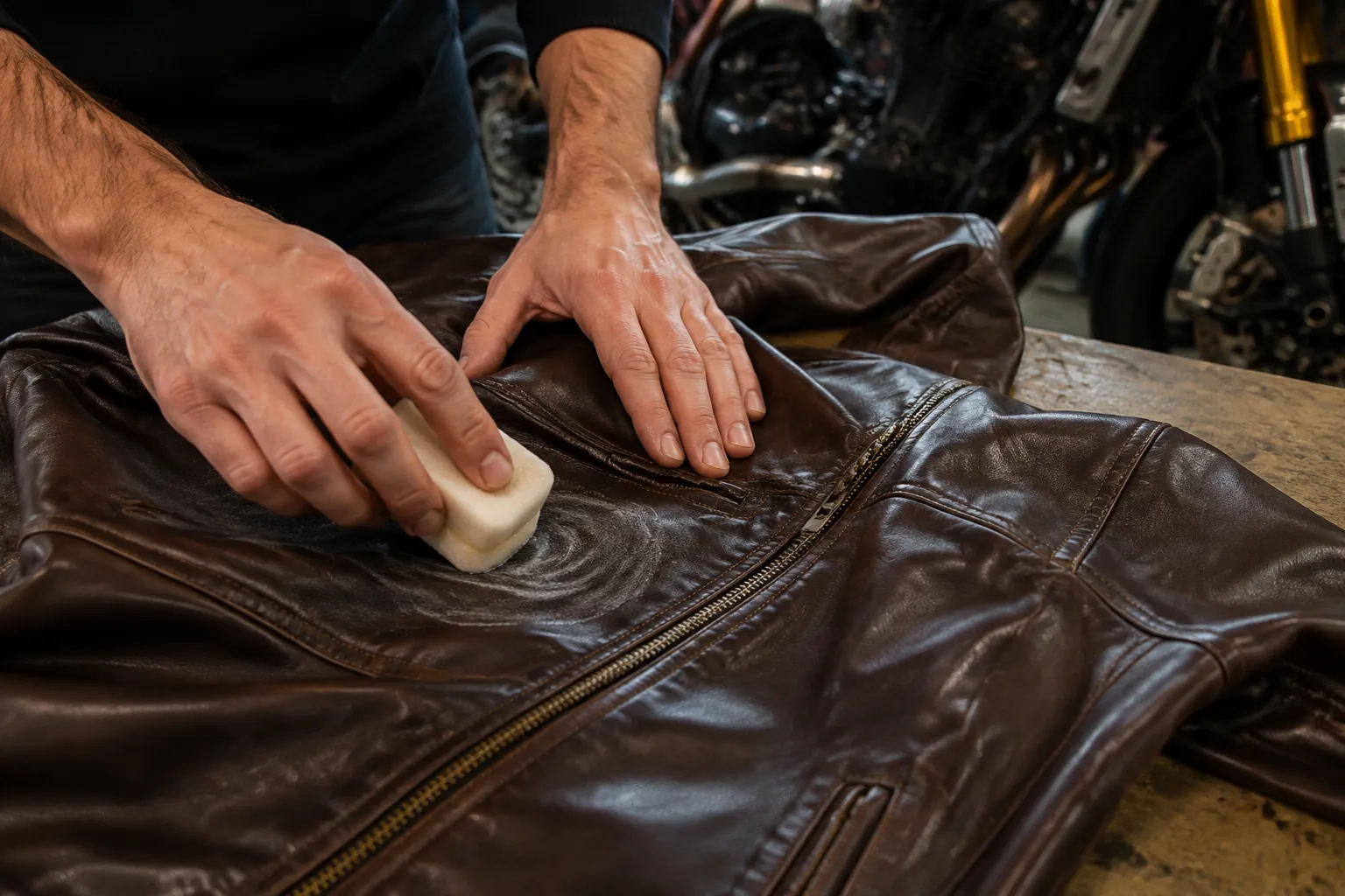 Mains appliquant un produit de nettoyage sur une veste en cuir.