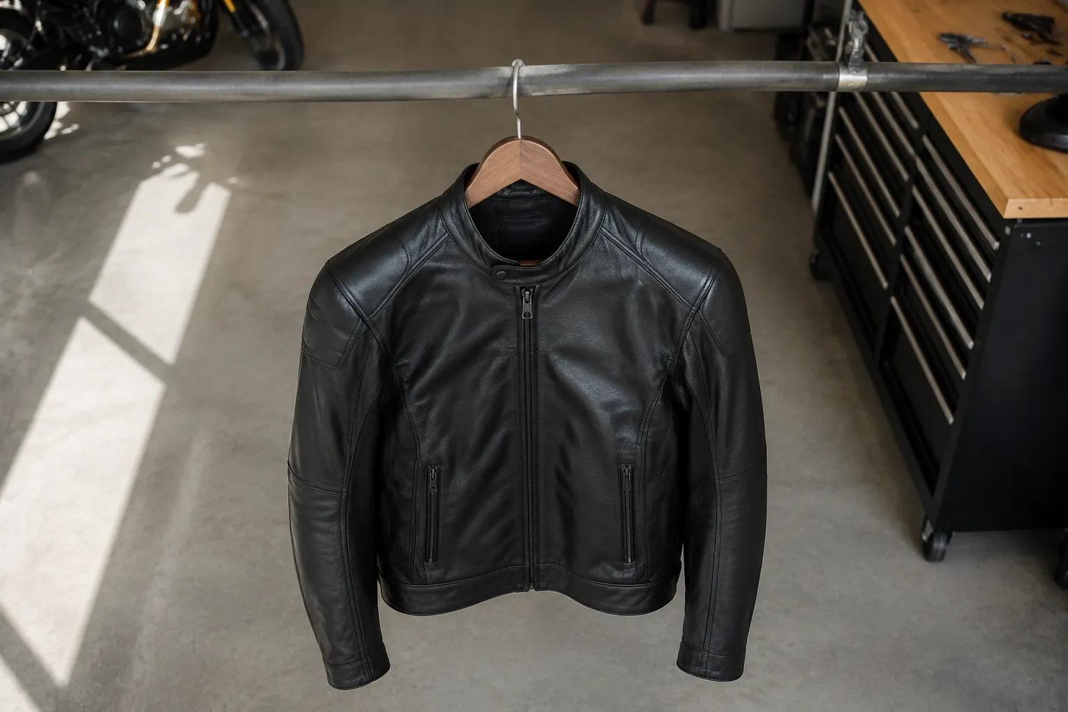 Veste en cuir noir avec fermetures éclair.