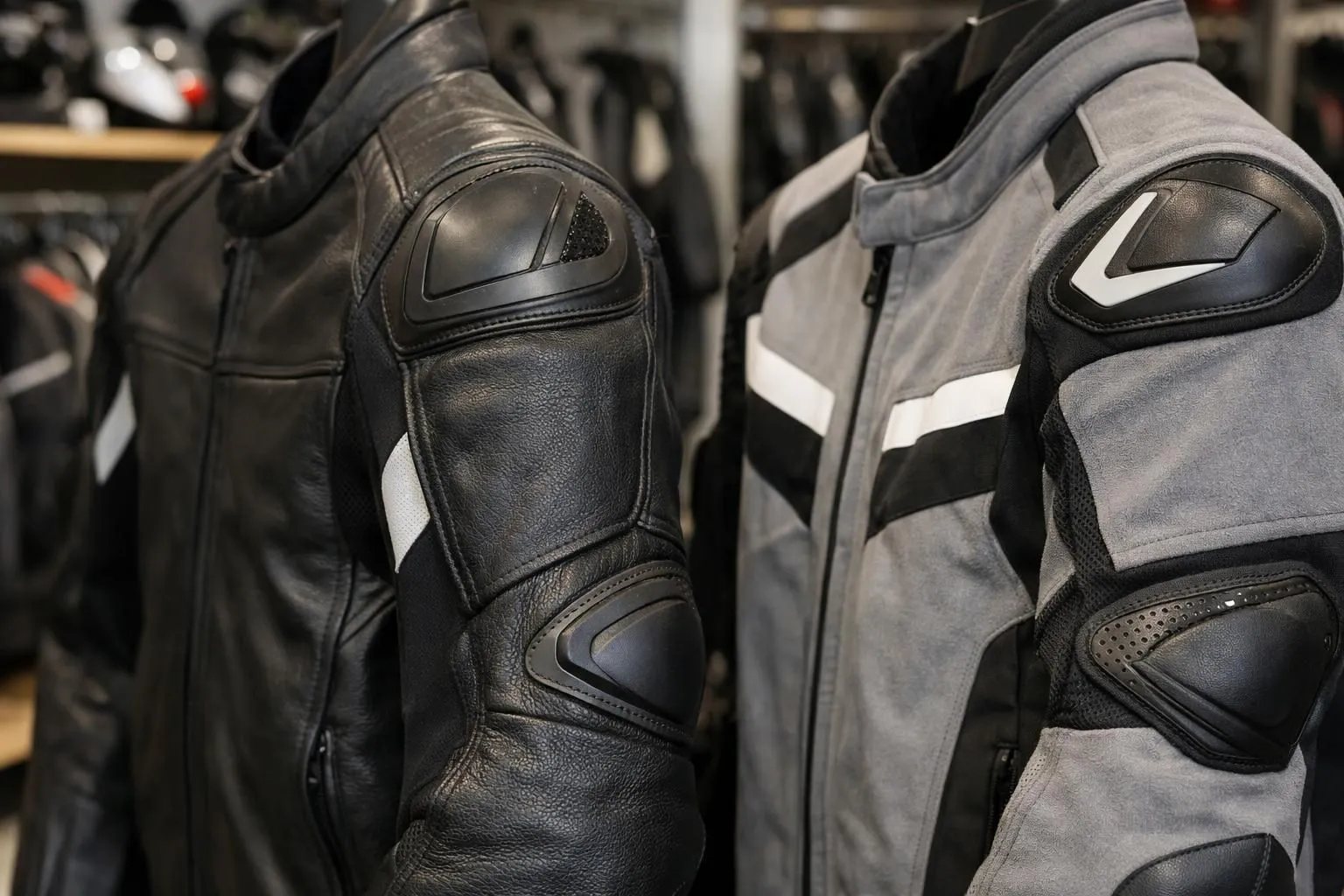 Comparaison rapprochée d'une veste de moto en cuir noir Dainese et d'une veste textile grise Dainese, côte à côte sur un présentoir dans une boutique d'équipement moto professionnelle, montrant la différence de texture des matériaux et les panneaux de