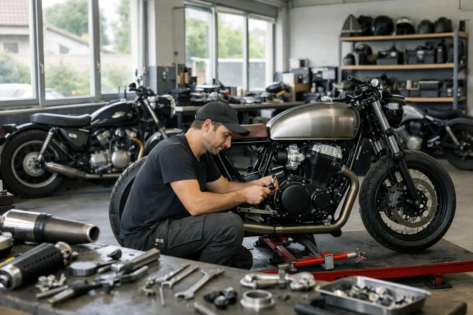 Mécanicien travaillant sur une moto café racer dans un atelier.