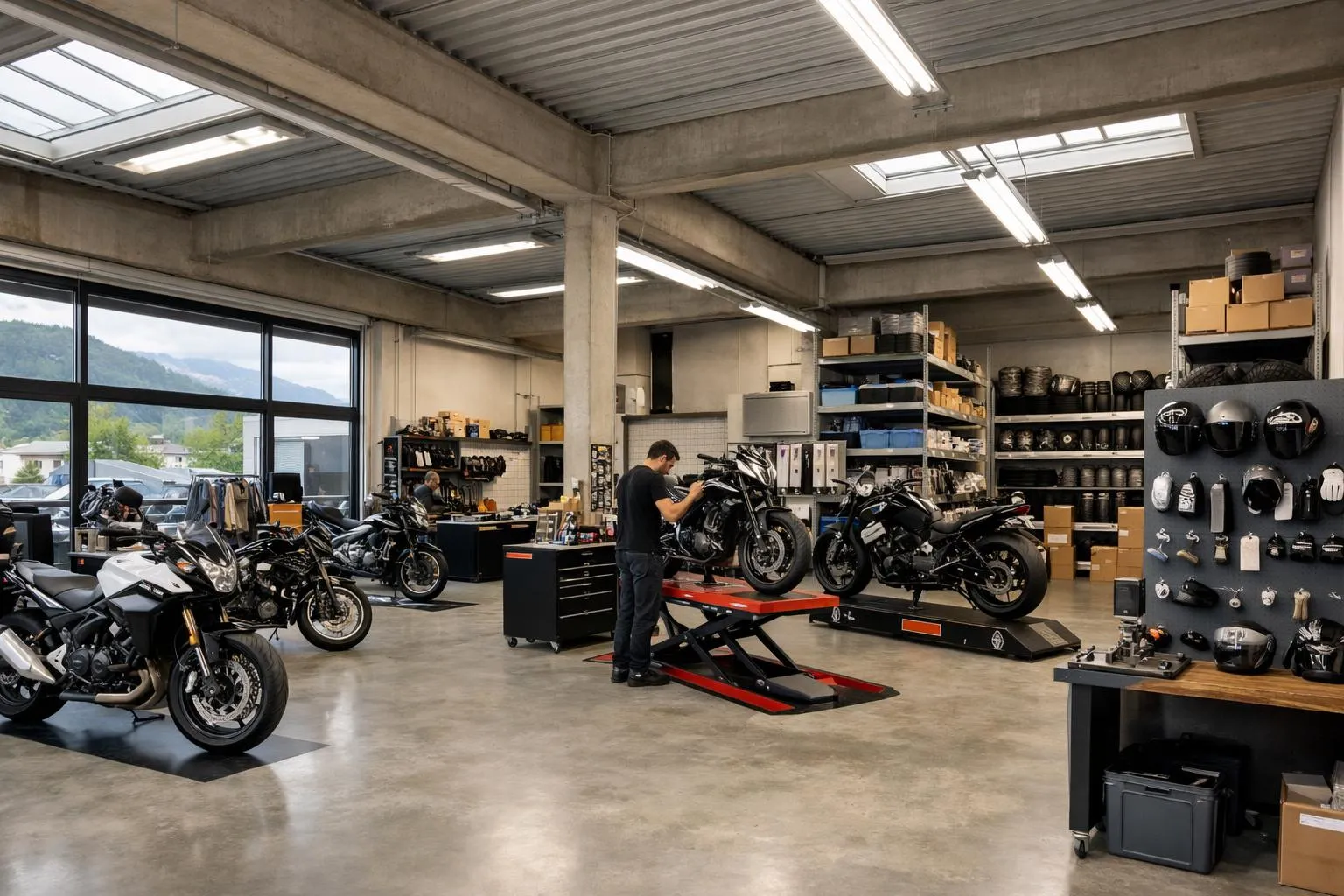 Atelier de réparation de motos avec plusieurs modèles sur des supports de levage.