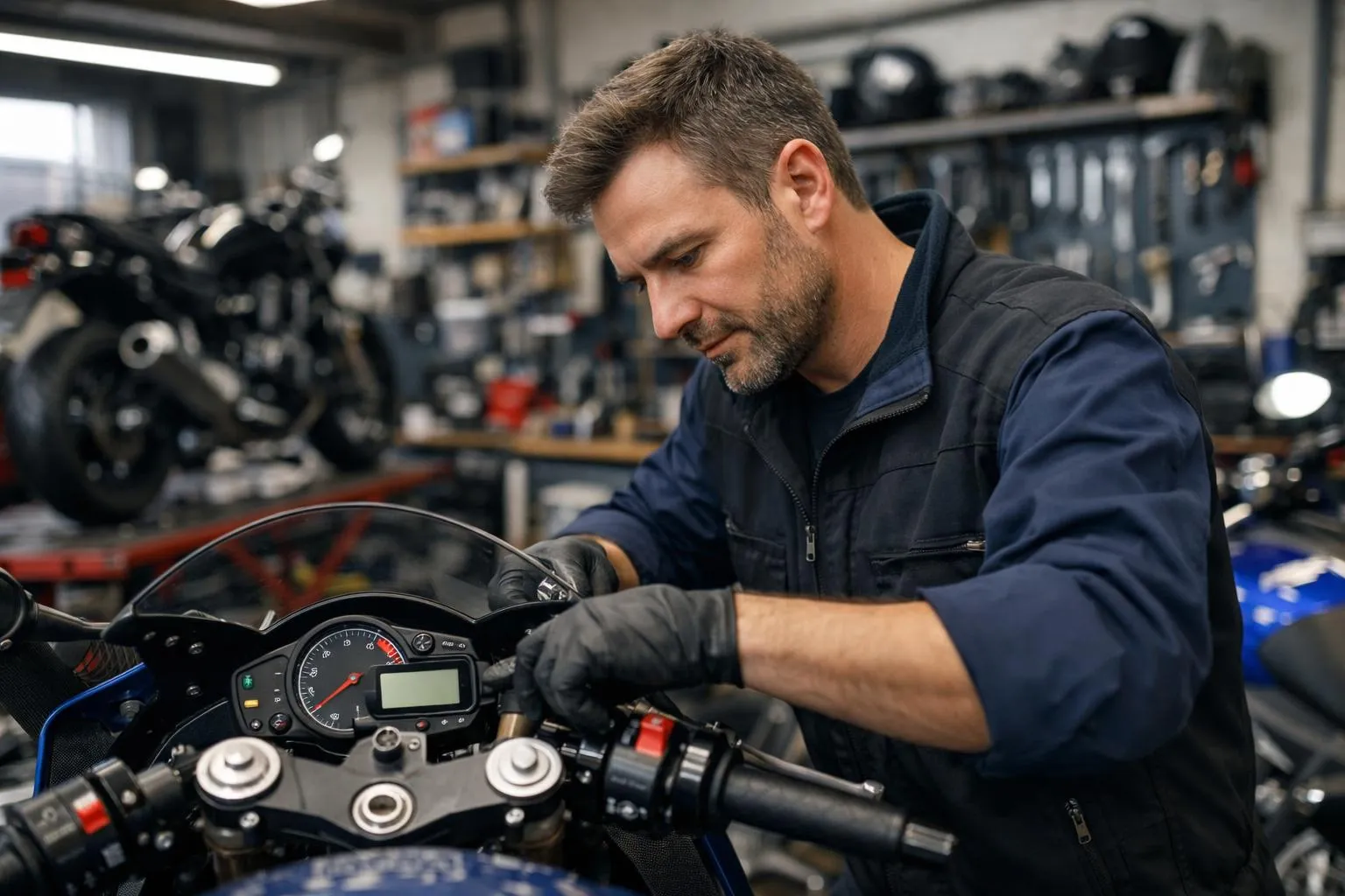 Mécanicien réparant une moto dans un atelier de réparation.