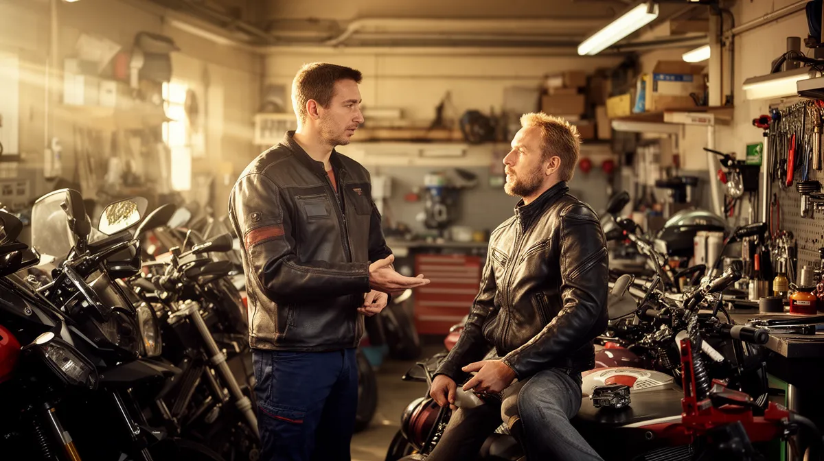 Deux hommes en veste de moto discutent dans un garage rempli de motos.