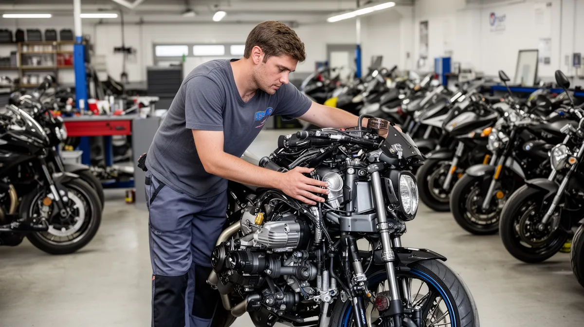 Mécanicien travaillant sur une moto dans un atelier de réparation.