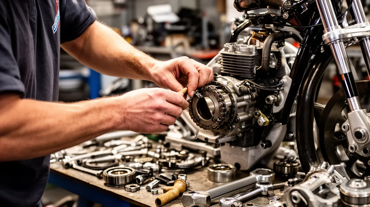 Mécanicien réparant le moteur d'une moto dans un atelier.