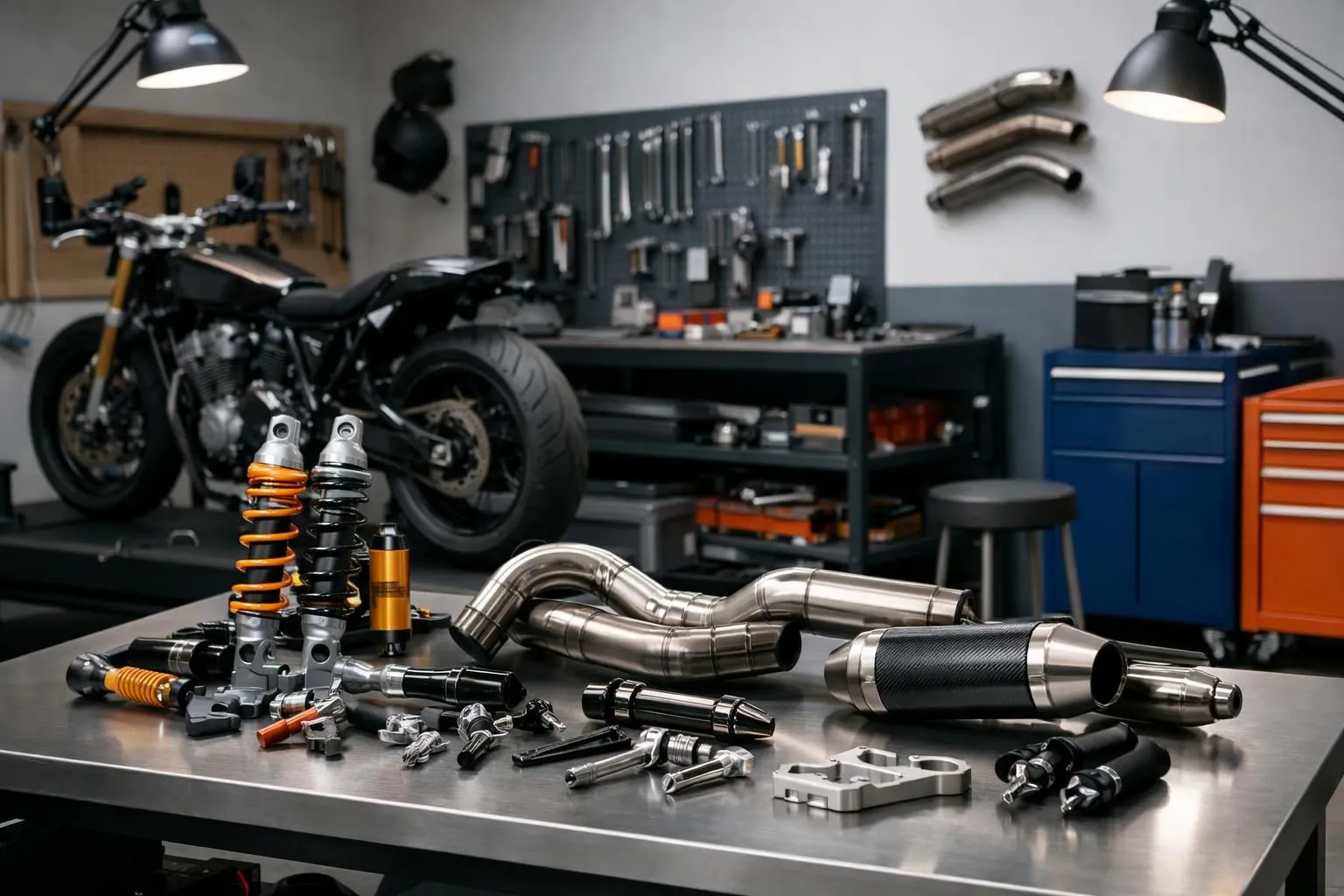 Scène d'atelier montrant les niveaux de transformation de la moto avec des pièces et des outils sur un établi, comparant les modifications esthétiques simples à la conversion complète en scrambler, éclairage professionnel de garage avec mise au point sur les composants de suspension et les systèmes d'échapp