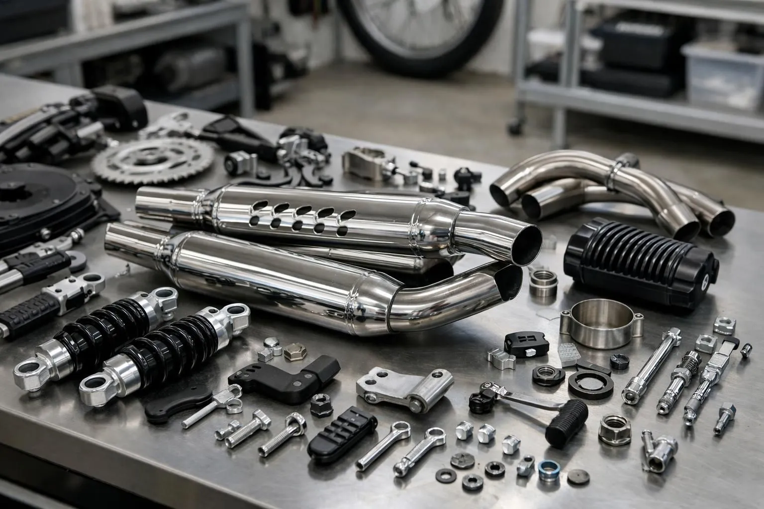 Scène d'atelier détaillée montrant des pièces de moto scrambler disposées de manière systématique : système d'échappement chromé, composants de suspension, siège en cuir, pneus à crampons, guidon surélevé, phares LED et garde-boue en métal sur un établi