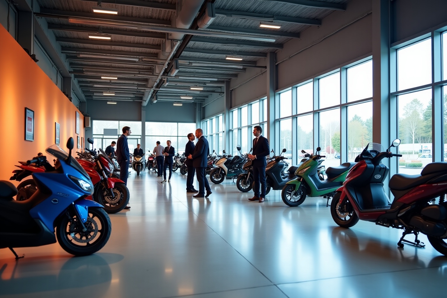 Salle d'exposition de motos avec diverses marques et modèles.