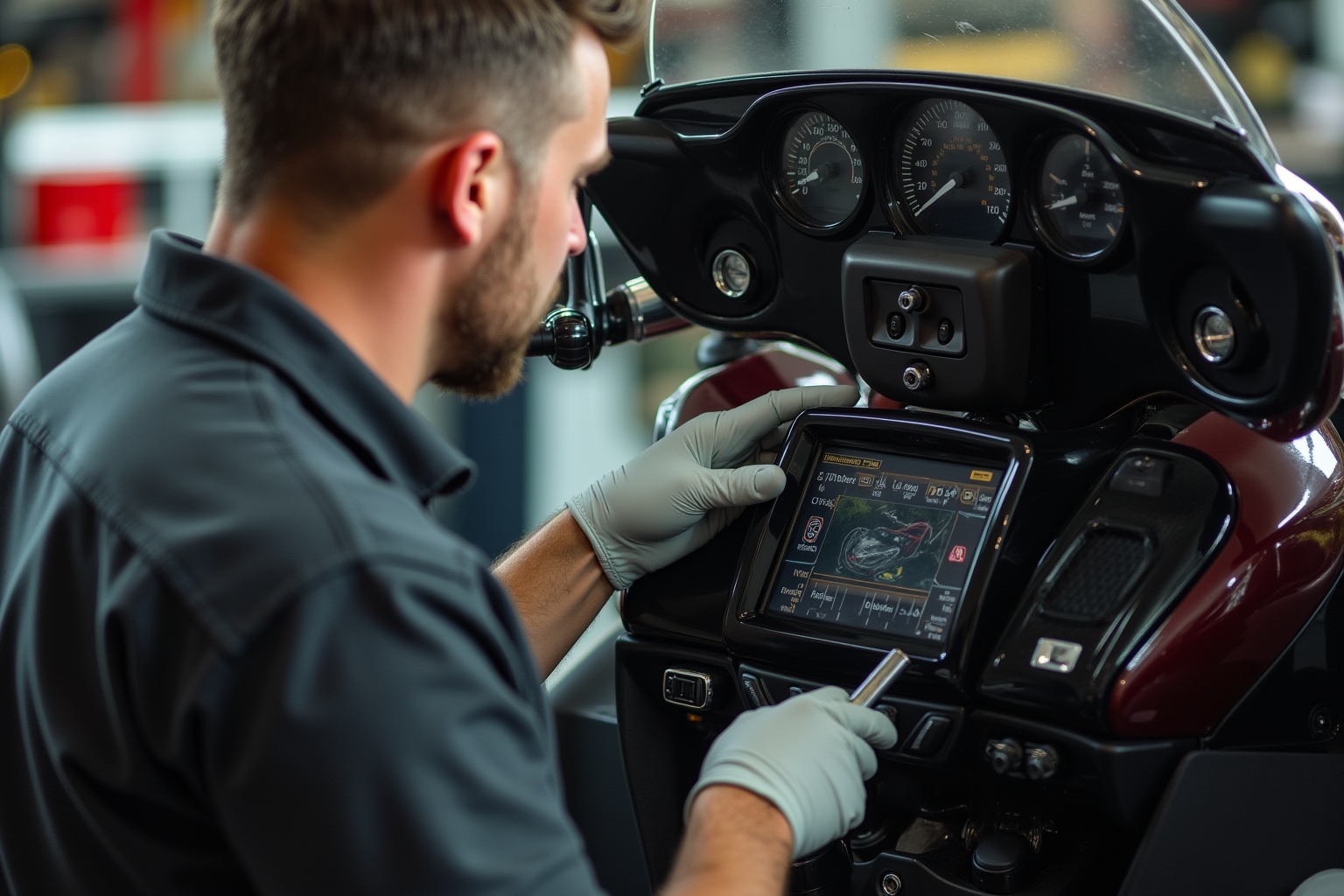 Mécanicien automobile vérifiant les paramètres d'un véhicule à l'aide d'un ordinateur de diagnostic.