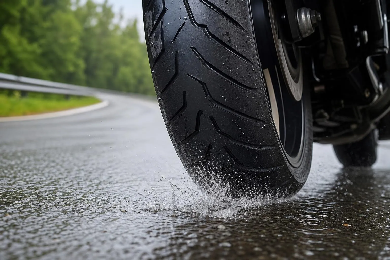 Pneu de moto sur route mouillée, éclaboussures d'eau.