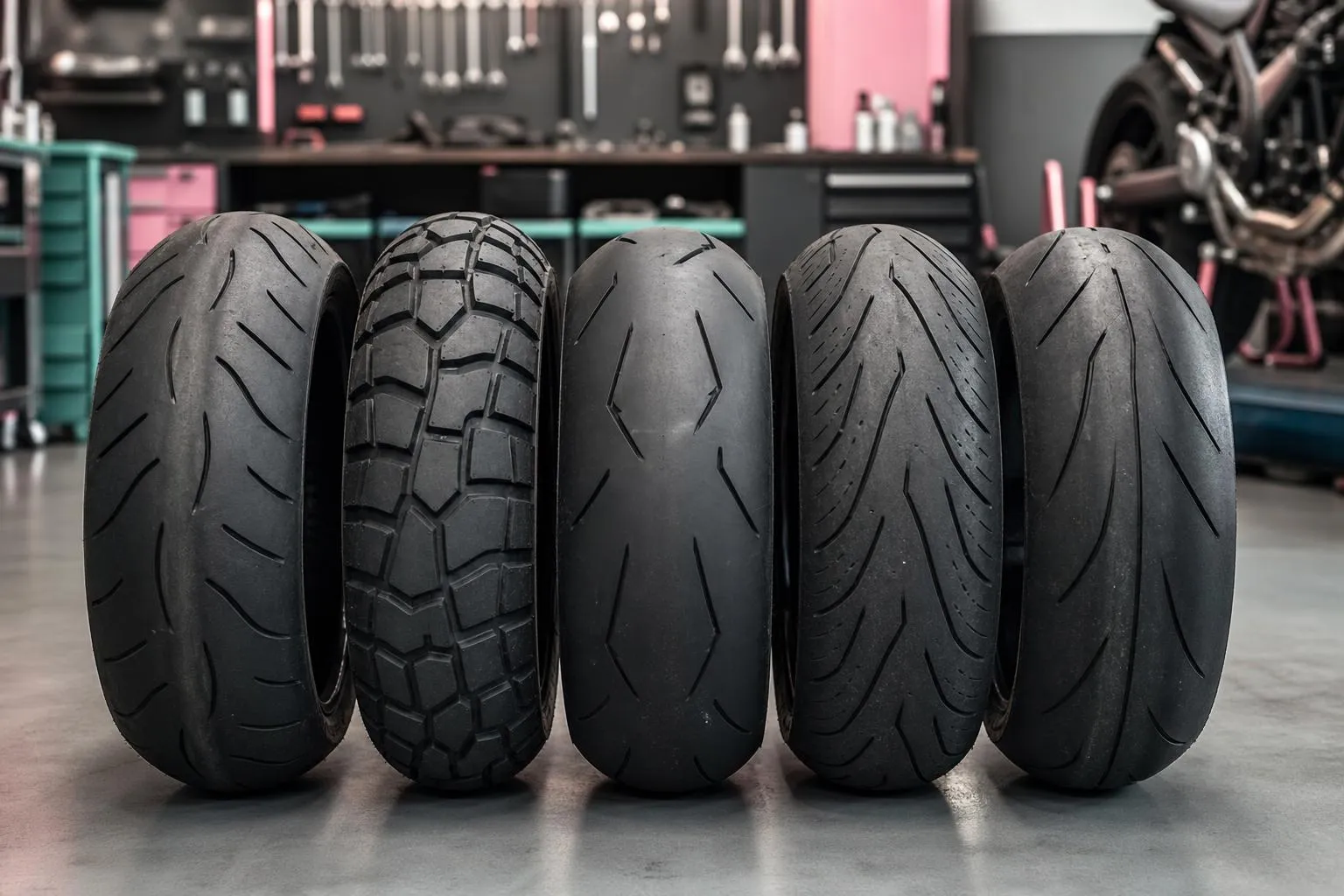 Pneus de moto noirs de différents modèles et motifs.