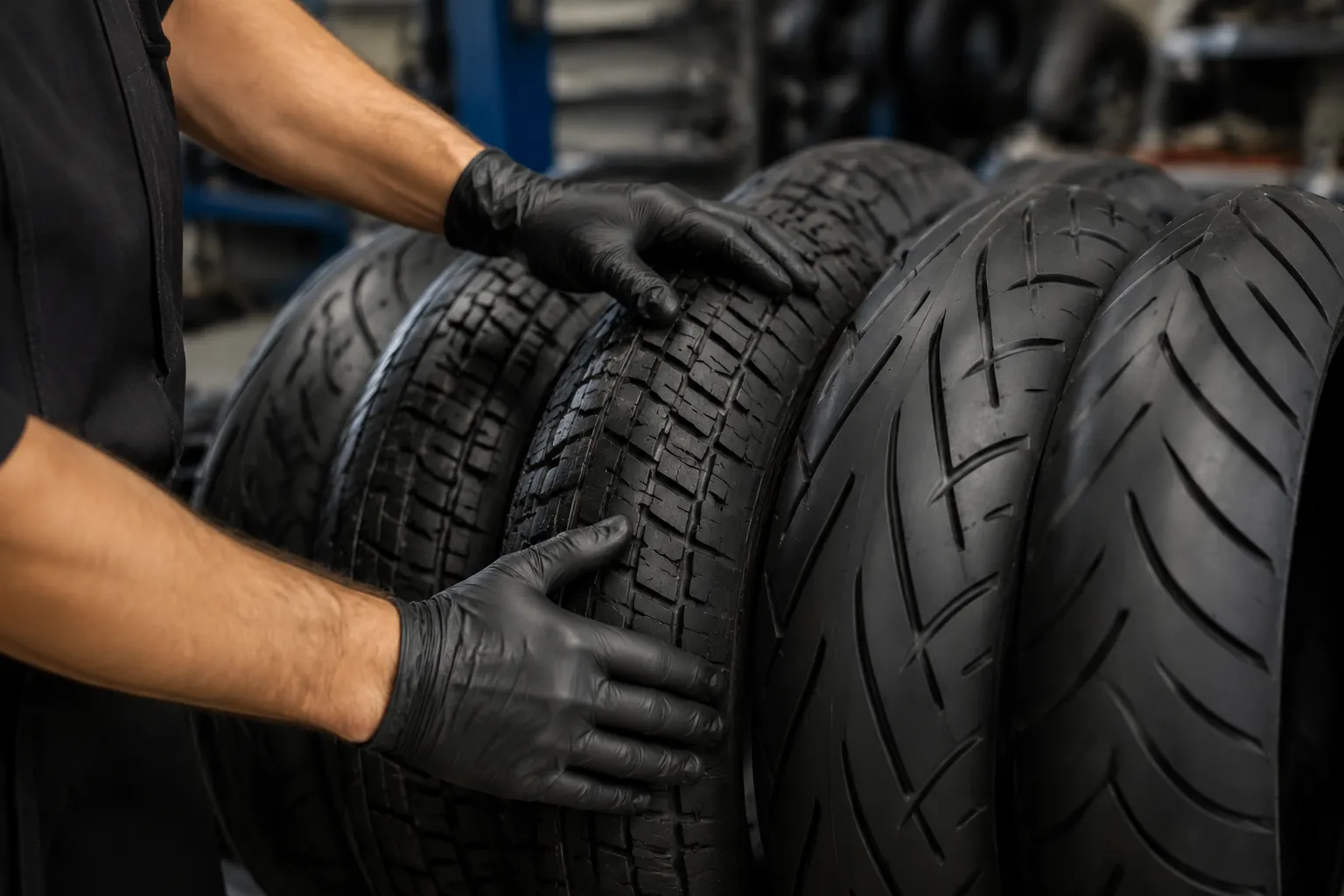 Pneus de moto noirs en caoutchouc dans un atelier de réparation.