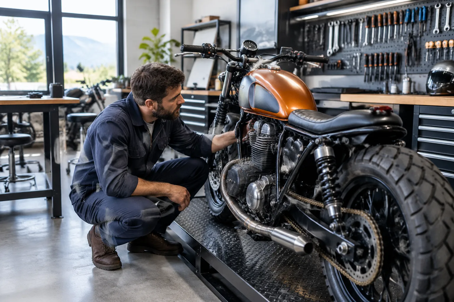 Mécanicien inspectant une moto custom dans un atelier.