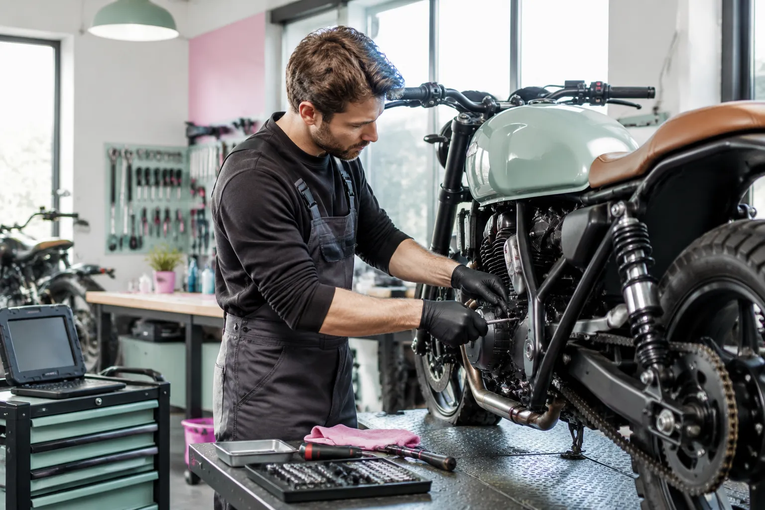 Mécanicien réparant une moto vintage dans un atelier.