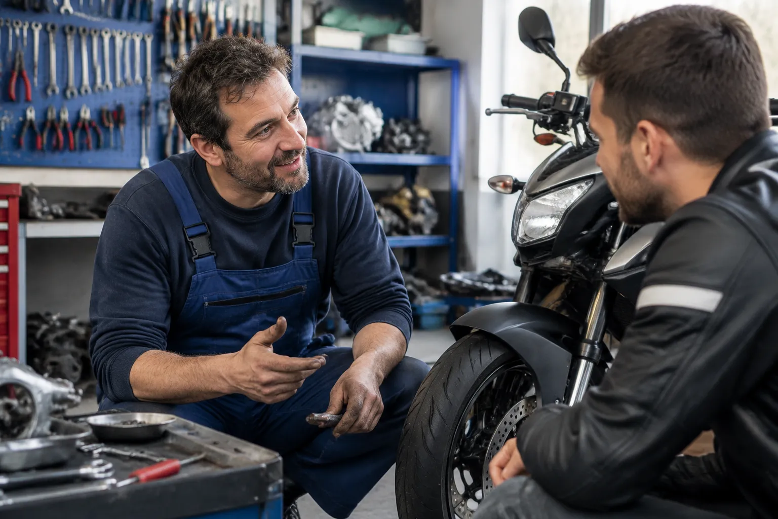 Mécanicien expliquant une réparation de moto à un client