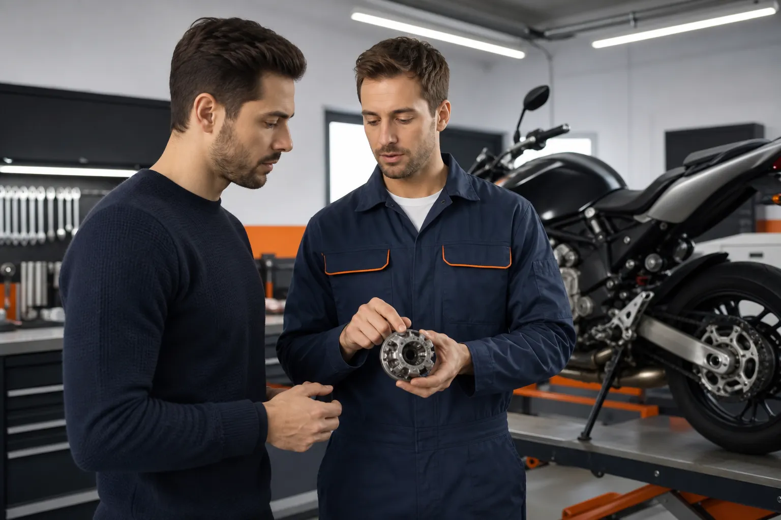 Deux mécaniciens examinant une pièce de moto dans un atelier.