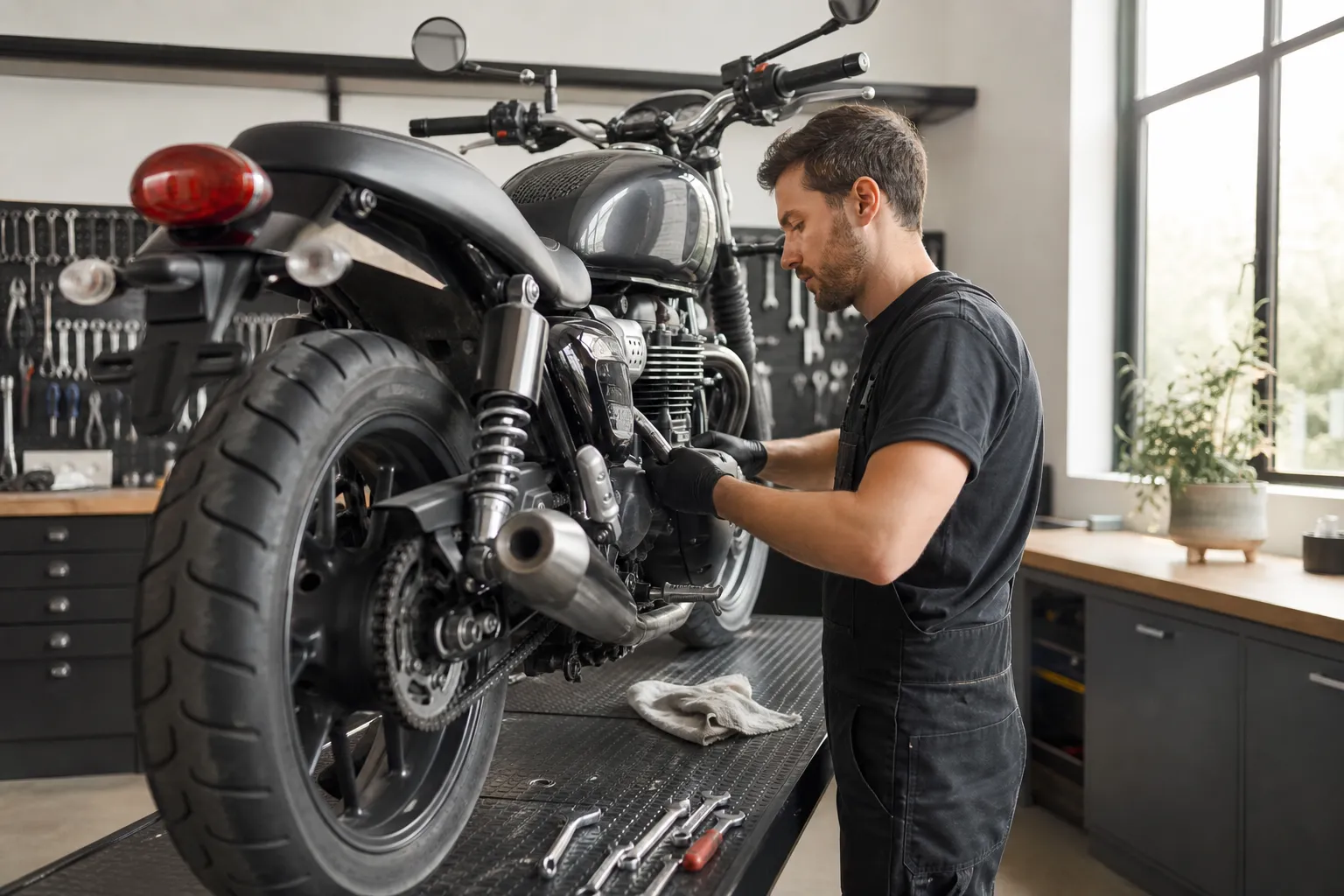 Mécanicien réparant une moto vintage dans son atelier.