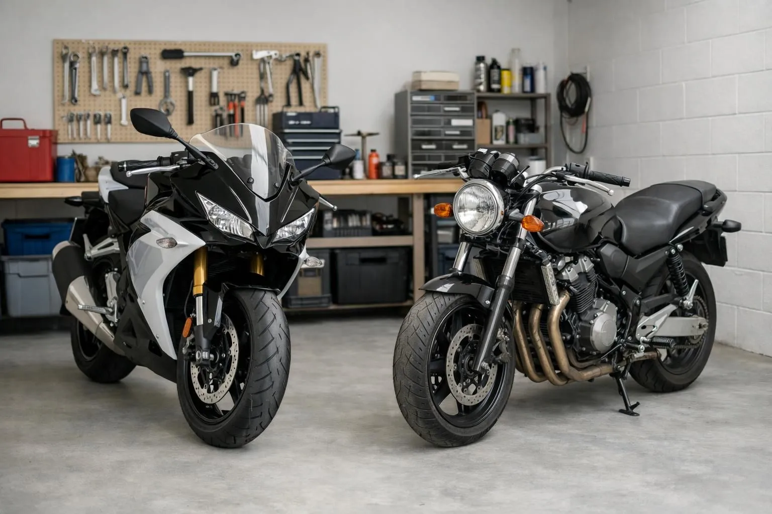 Motard debout entre deux motos garées côte à côte dans un garage lumineux, une moto neuve étincelante à gauche et une moto d'occasion bien entretenue à droite, représentant le dilemme du choix entre achat neuf ou occasion, atelier professionnel en arrière-plan avec outils visibles
