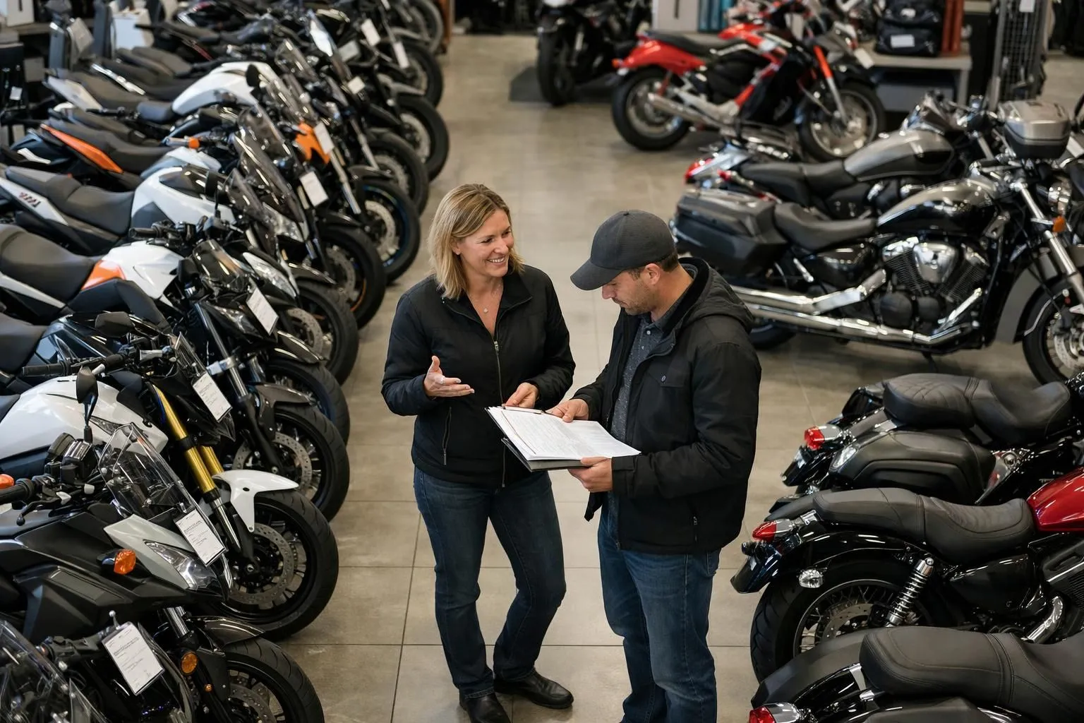 Un concessionnaire de motos avec un vendeur discutant avec un client entre des rangées de motos neuves et d'occasion, avec des étiquettes de prix visibles et le client examinant des documents.