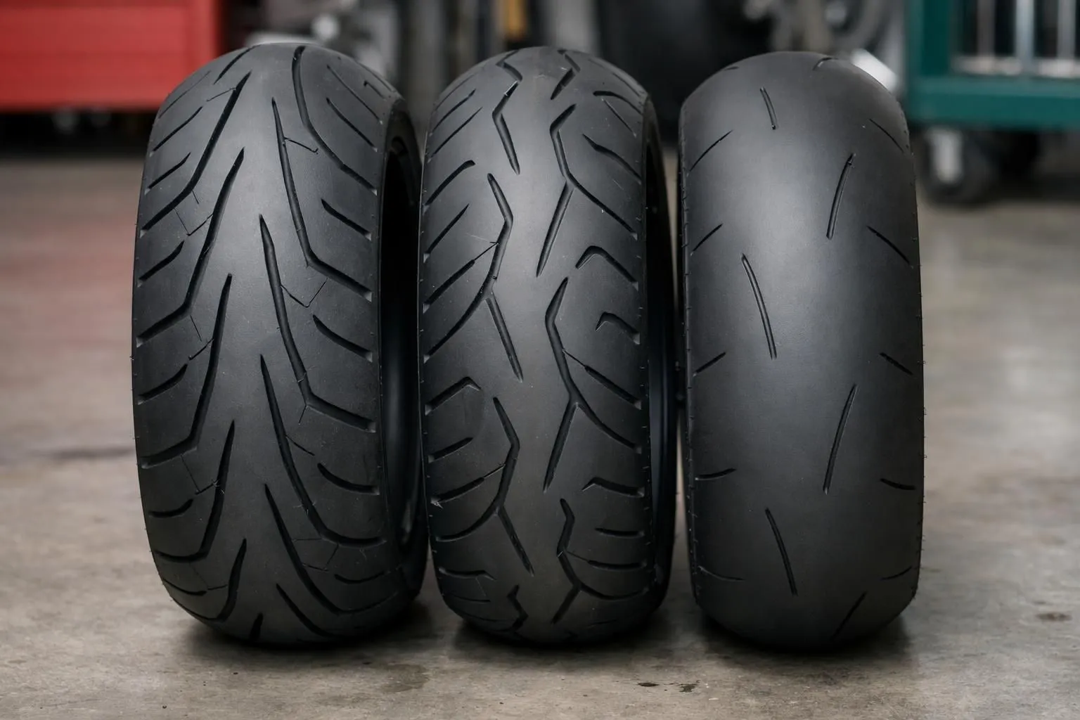Gros plan comparatif de trois profils de pneus de moto côte à côte sur un sol d'atelier, montrant des motifs distincts - un avec de profondes rainures pour la route, un avec un motif modéré pour le sport-touring, et un avec un motif minimal pour la piste.