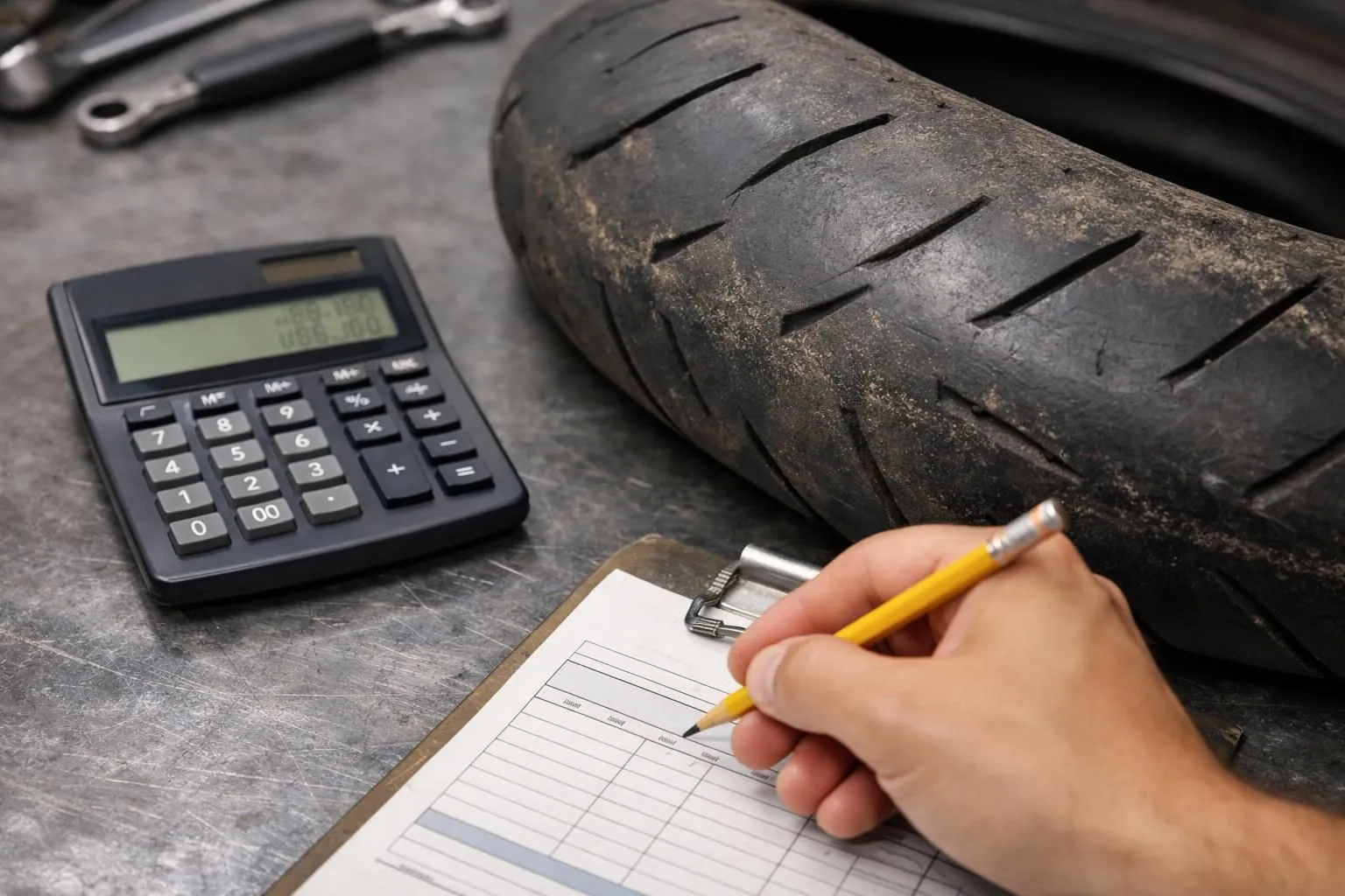 Gros plan sur une calculatrice affichant des calculs de coûts à côté d'un pneu de moto avec indicateurs d'usure visibles et une facture d'entretien montrant les frais de montage sur un bureau d'atelier avec une main tenant un crayon.