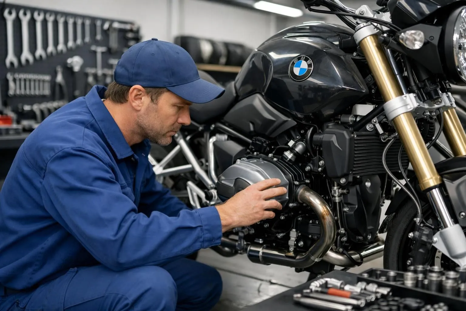 Mécanicien moto professionnel en uniforme de travail bleu inspectant le moteur d'une moto BMW dans un atelier moderne bien éclairé avec des outils spécialisés et des pièces organisées sur l'établi.