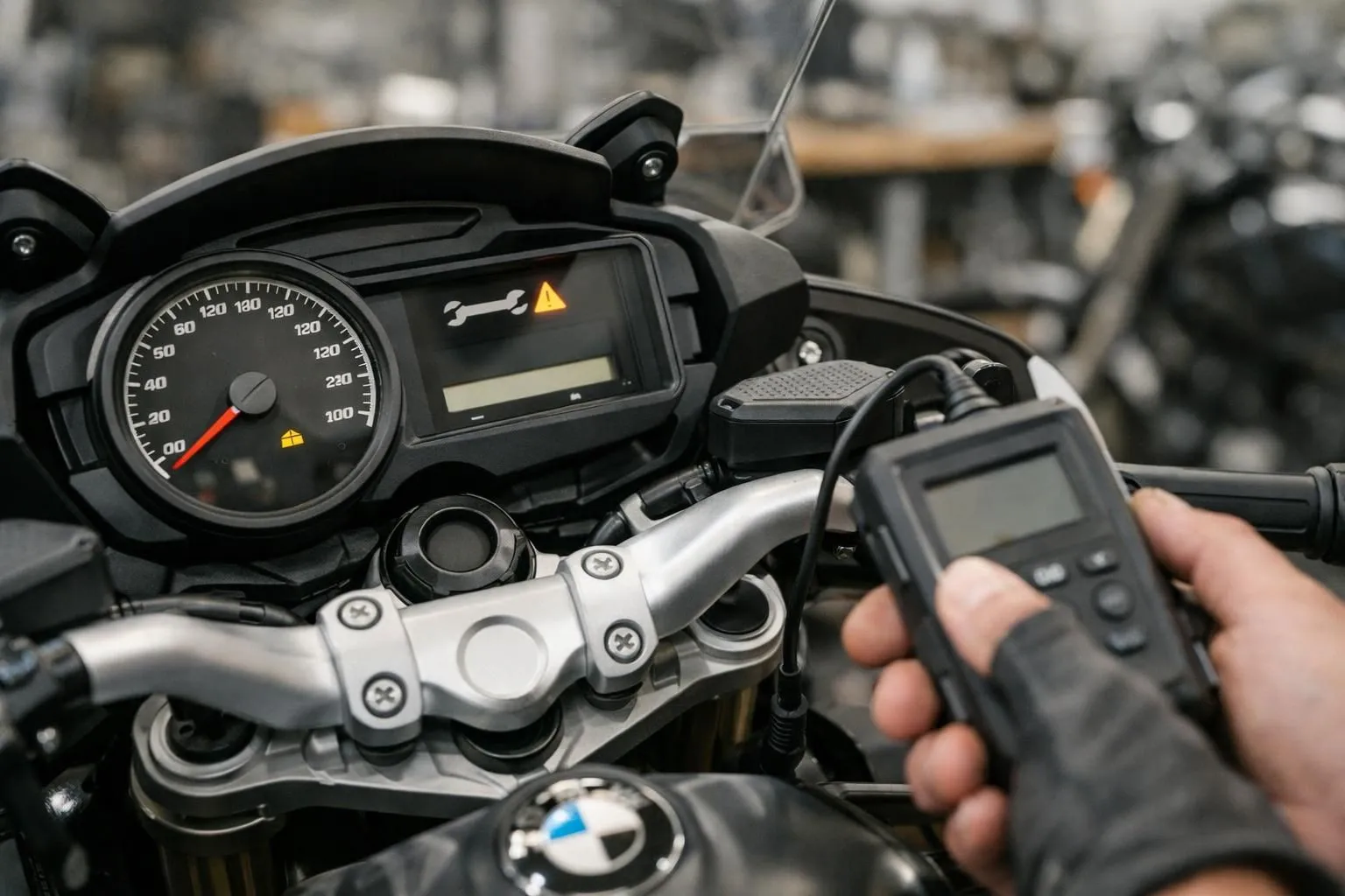 Tableau de bord de moto BMW affichant les voyants de service et l'odomètre numérique, accent mis sur les symboles d'entretien, atelier avec la main du mécanicien tenant un outil de diagnostic.