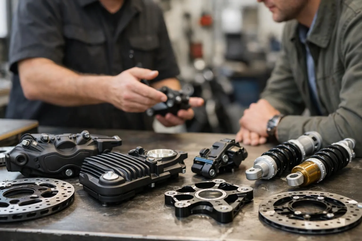 Un mécanicien de moto présente à un client une pièce BMW d'origine et une alternative de qualité côte à côte sur l'établi, dans un atelier propre et bien éclairé.