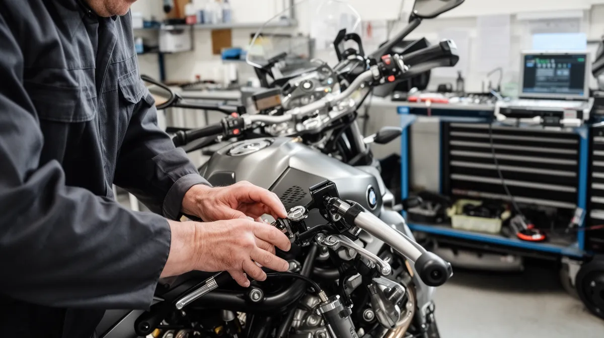 Mécanicien réparant une moto dans un atelier de réparation.