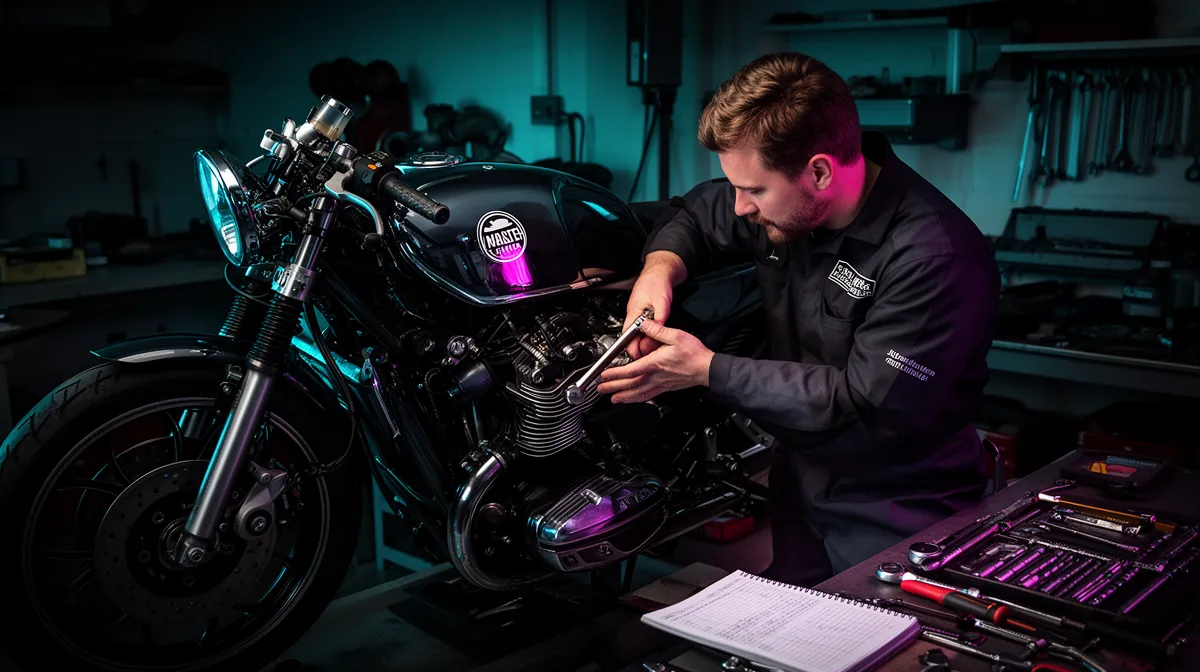 Mécanicien travaillant sur une moto personnalisée dans un atelier sombre.