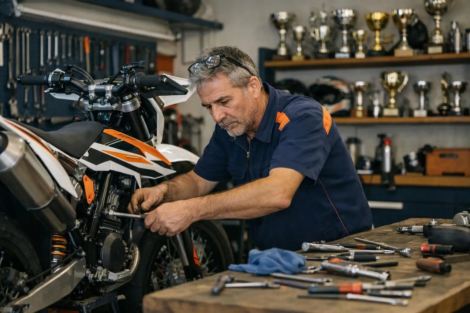 Mécanicien réparant une moto de course dans un atelier.