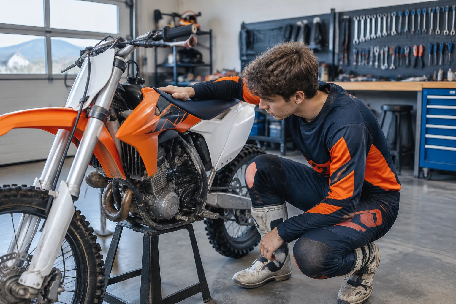 Mécanicien ajustant une moto tout-terrain orange en atelier.