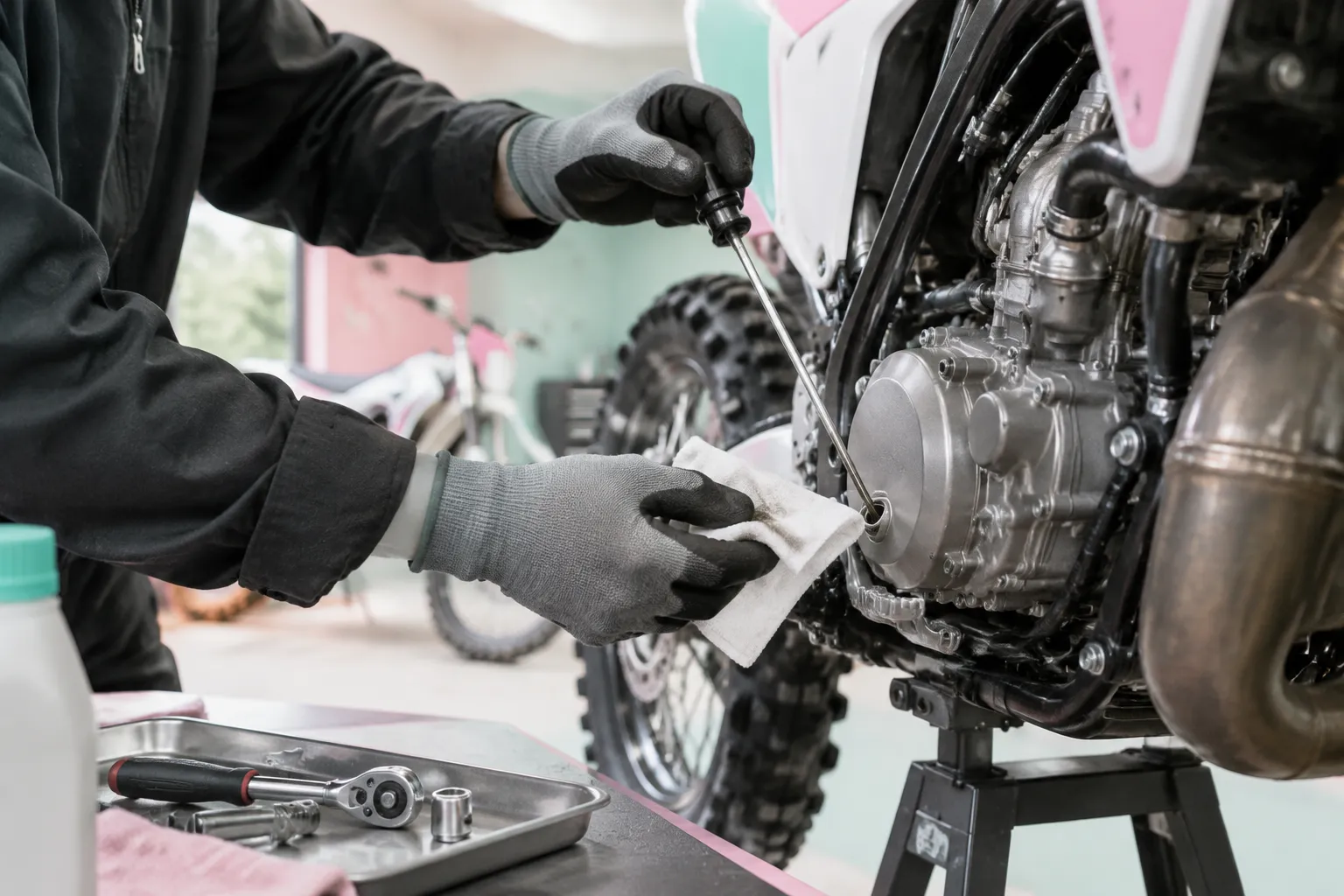 Mécanicien vérifiant l’huile du moteur d’une moto tout-terrain