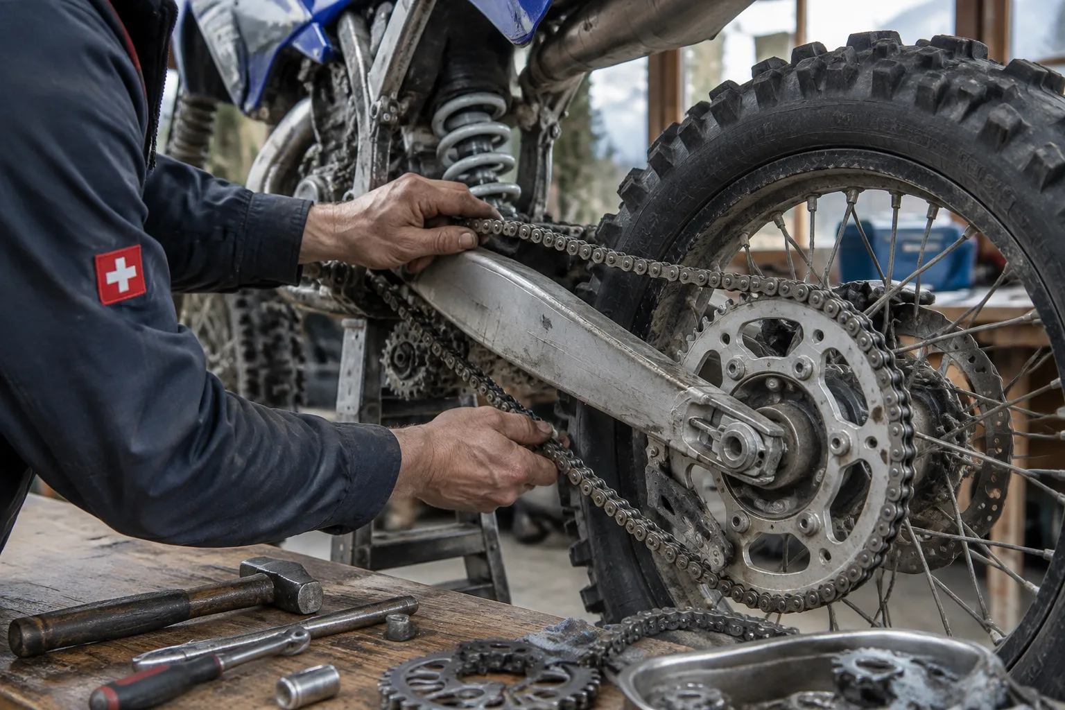Mécanicien réparant la chaîne arrière d’une moto tout-terrain