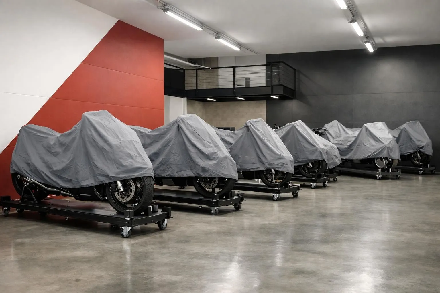 Moto couverte d'une bâche de protection dans un entrepôt professionnel organisé, plusieurs motos rangées sur des supports dans un garage chauffé et propre en hiver.