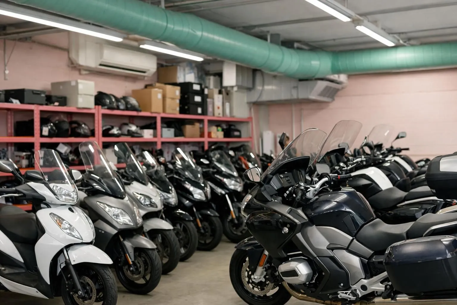 Un entrepôt de stockage de motos professionnelles en Suisse, avec des rangées organisées de différentes tailles de motos, du petit scooter 125cc aux grosses motos de tourisme, avec des étagères de stockage et un environnement climatisé, dans un atelier réaliste avec un espacement appropri