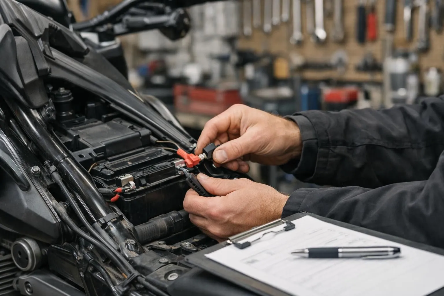 Mécanicien moto dans un atelier professionnel préparant une facture de service détaillée tout en hivernisant une moto de tourisme, vérifiant les connexions de la batterie et préparant la documentation de stockage, environnement d'atelier réaliste avec des outils organisés et une zone de stockage prop