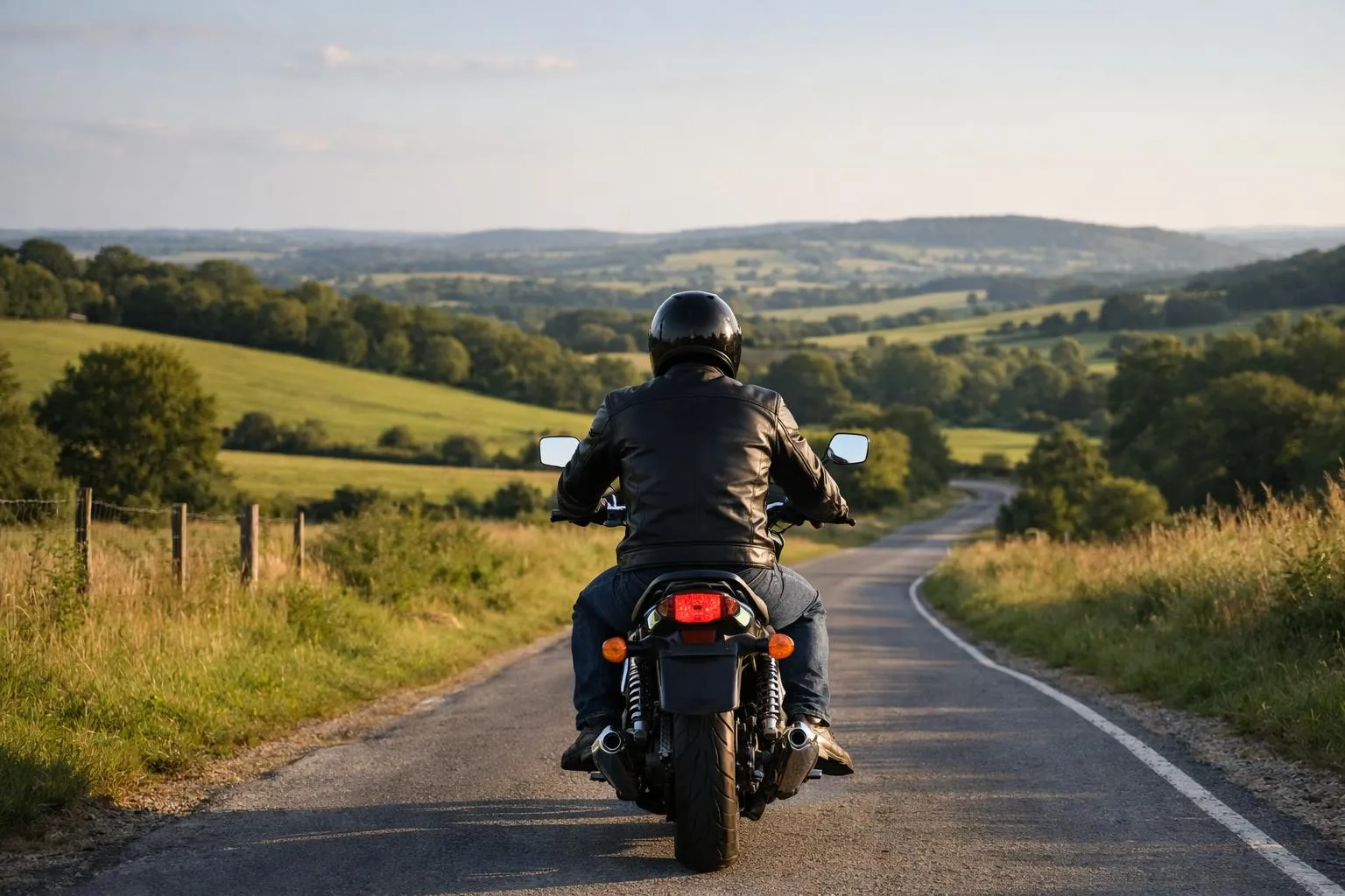 Motocycliste sur une route de campagne traversant un paysage vallonné.