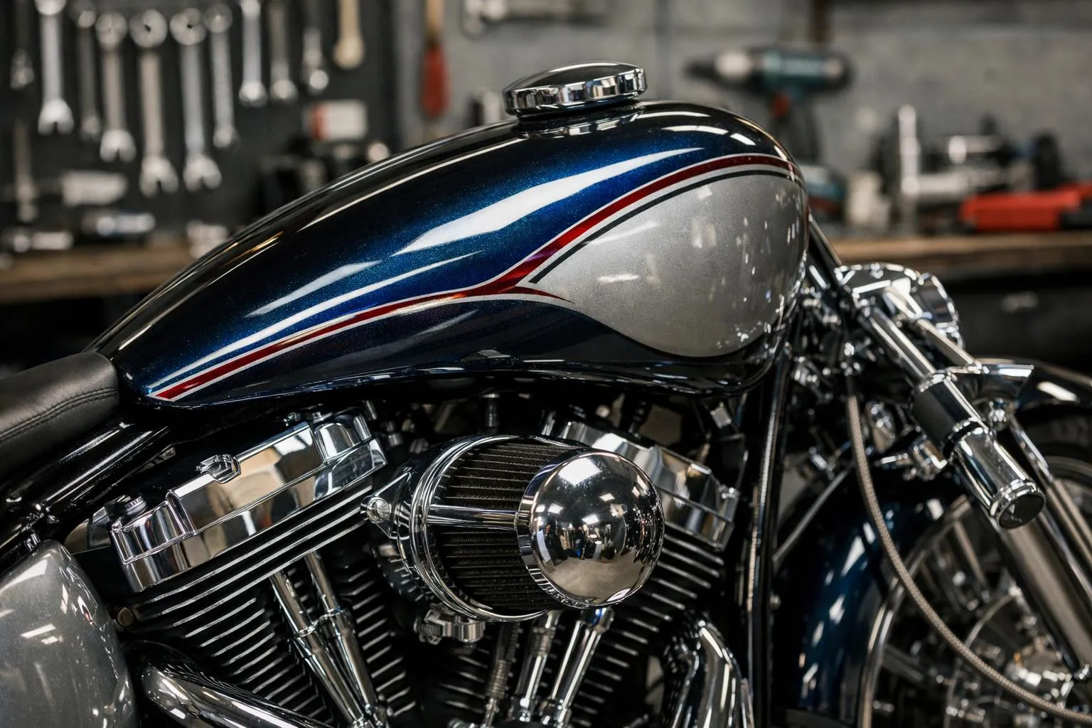 Moto de course vintage avec réservoir de carburant bleu et rayures rouges.