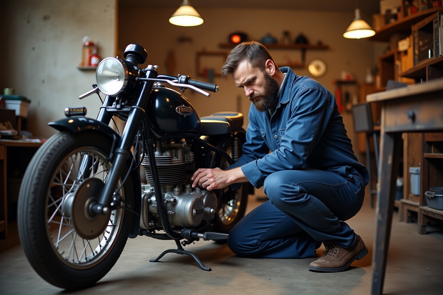 Homme barbu réparant une moto vintage dans un atelier.