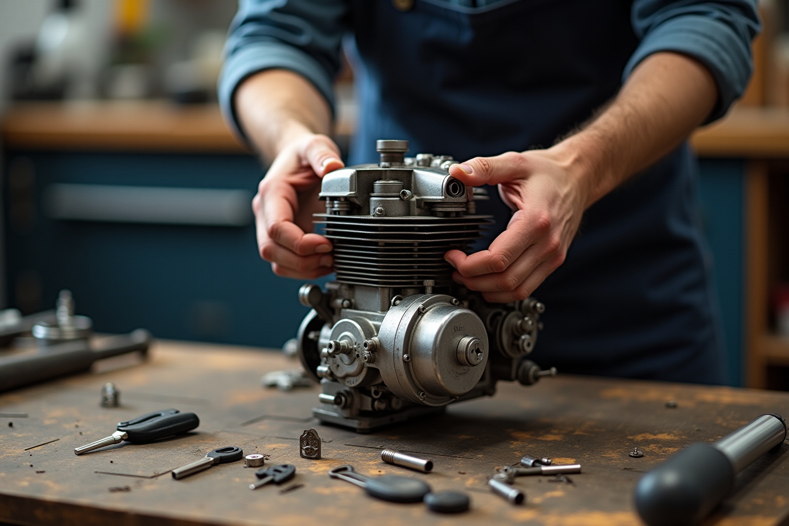 Mécanicien réparant un moteur de moto sur un établi.