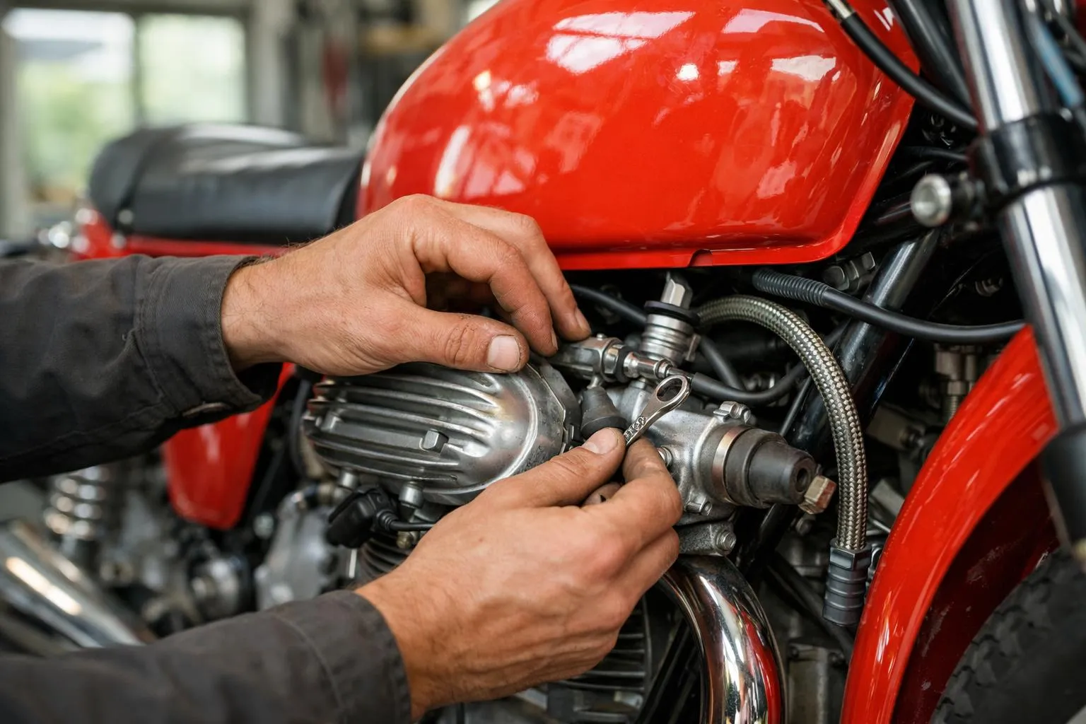 Mécanicien réparant le moteur d'une moto rouge.