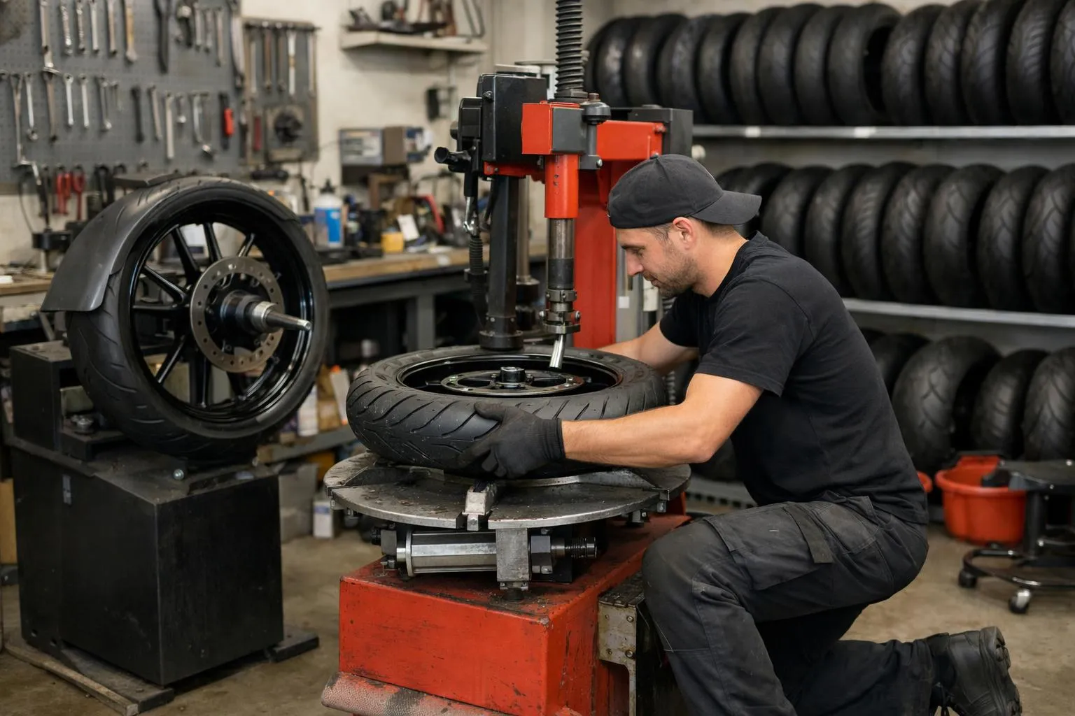 Mécanicien installant un pneu sur un support de montage dans un atelier de réparation automobile.