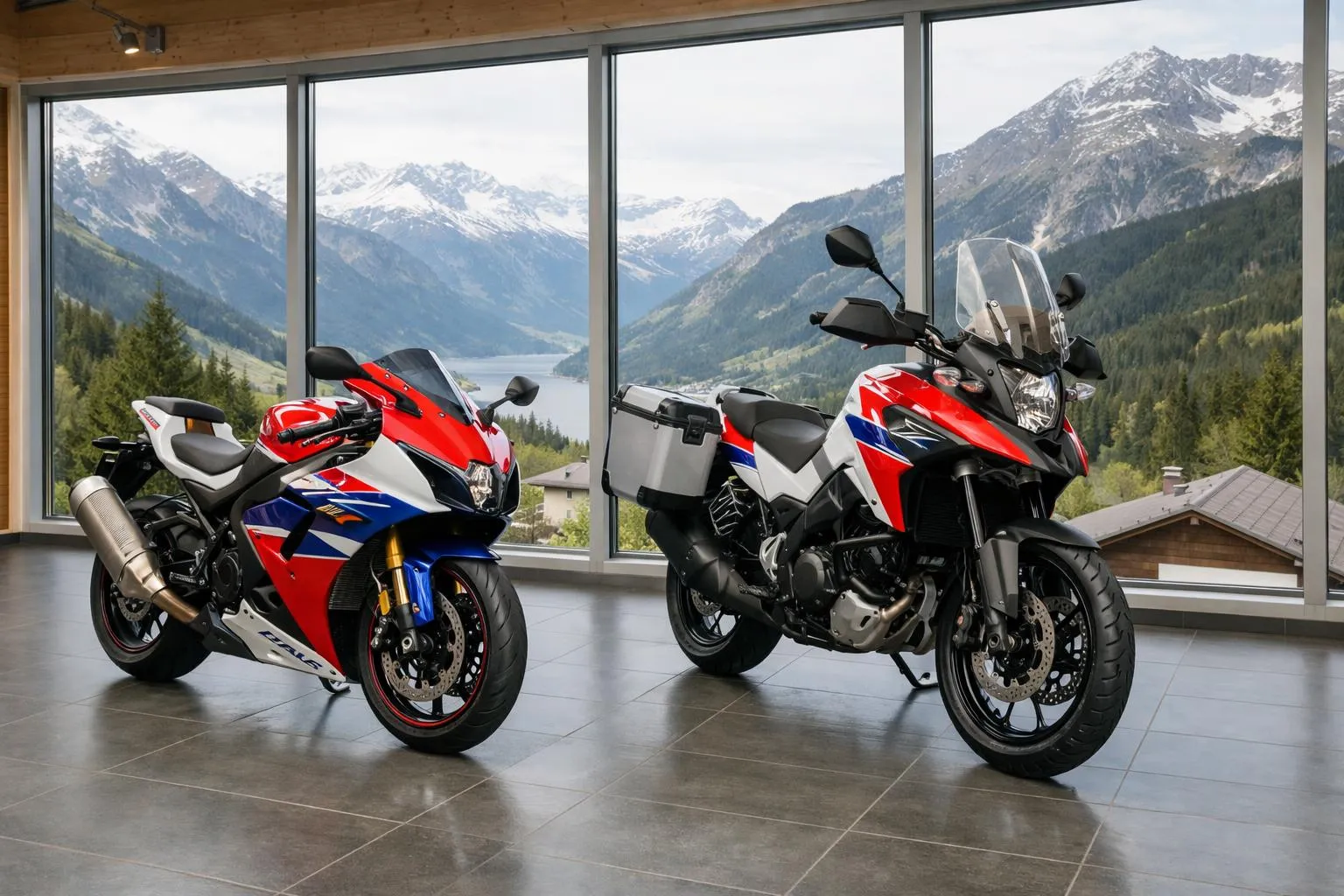 Deux motos sportives rouges et bleues devant une fenêtre panoramique avec vue sur les montagnes enneigées.