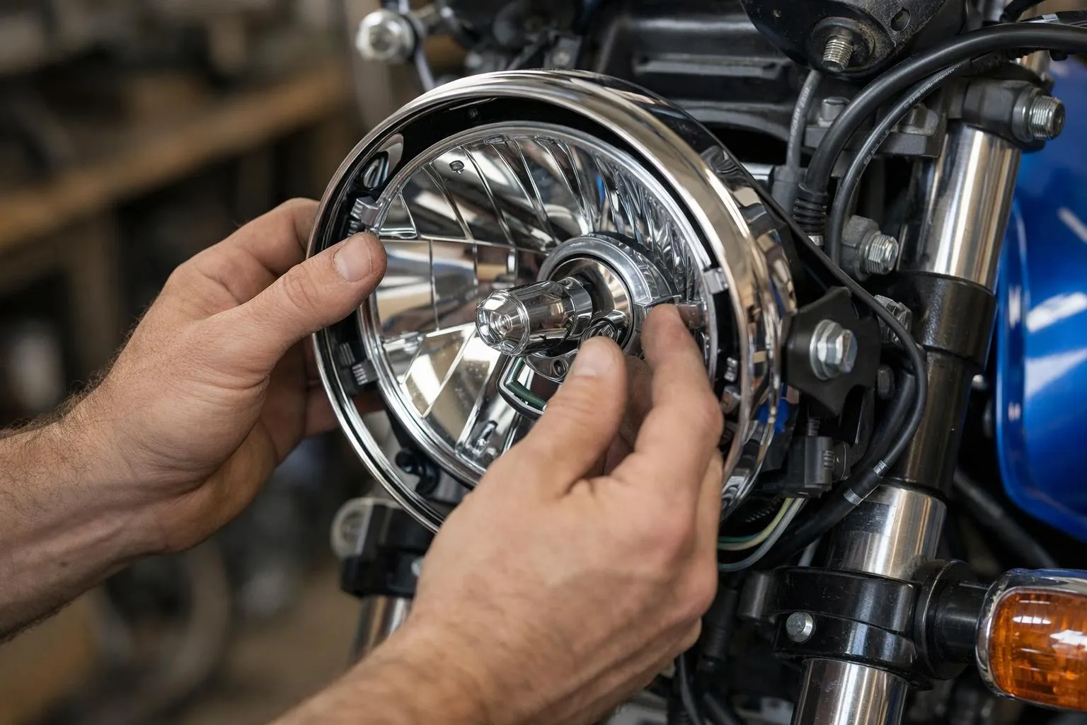 Gros plan sur l'installation d'un phare de moto.