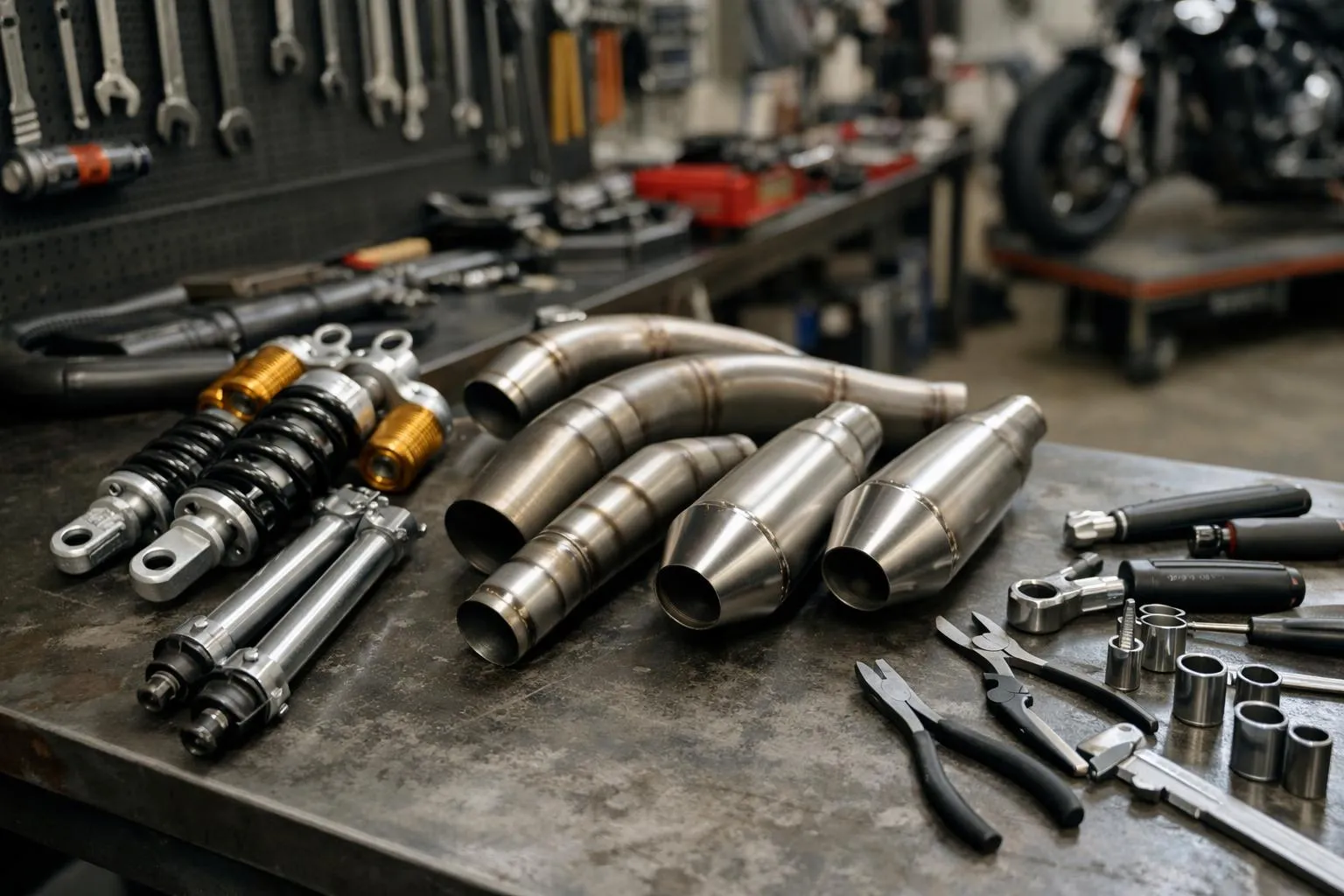 Outils et pièces de rechange mécaniques sur un établi de garage.