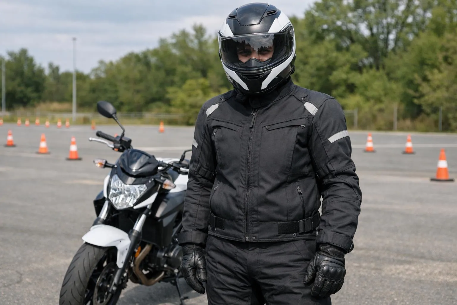 Motard en équipement de sécurité sur une moto noire dans un parking.